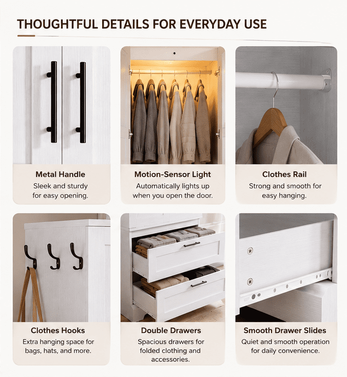 Lacoo White Wardrobe Armoire, 70.8 in, 2 Drawers, Motion-Sensor Light