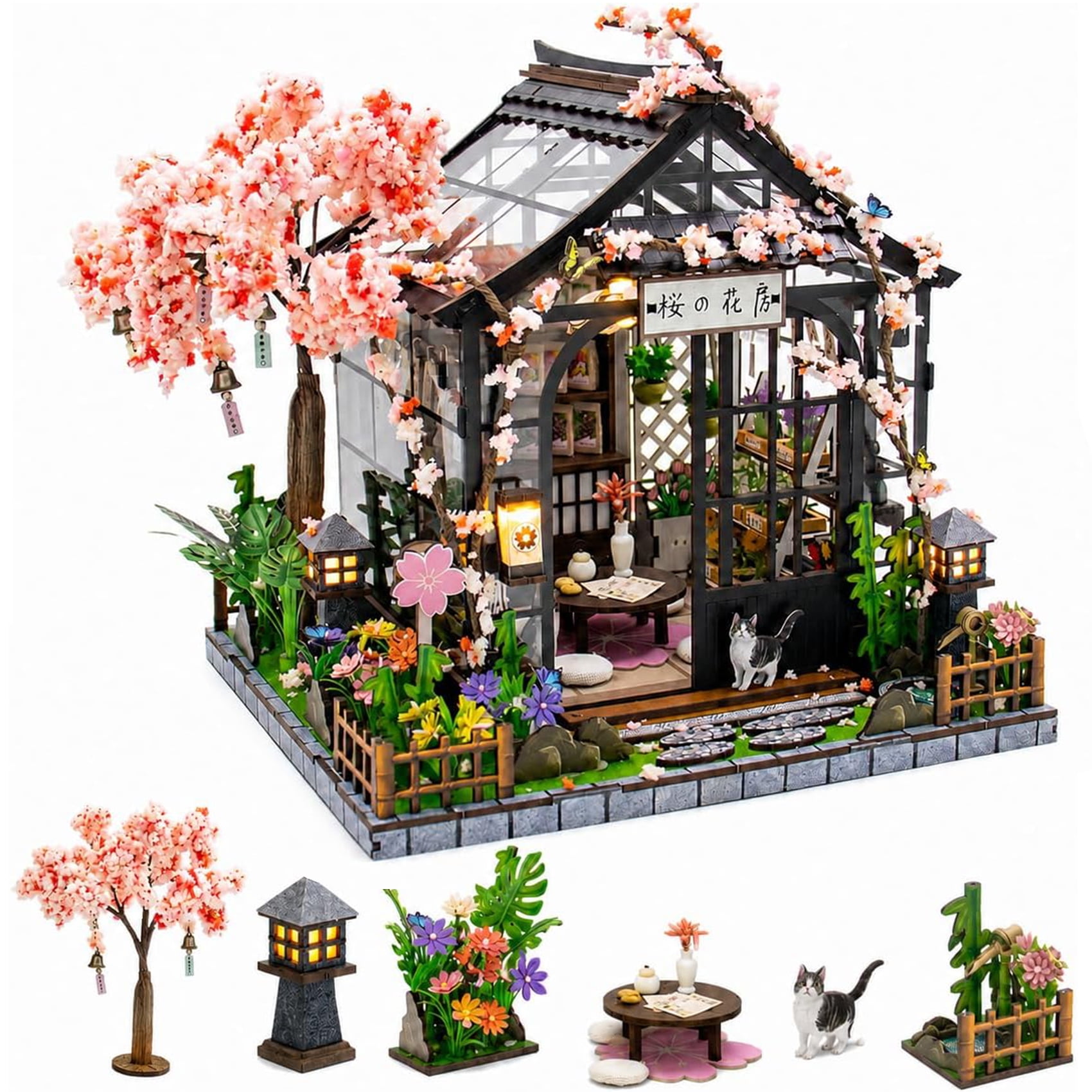 MOJINO DIY Miniature House Kit, Sakura Greenhouse Book Nook with LED Lights, 3D Wooden Building Puzzle Model for Adults, Bookshelf Decor