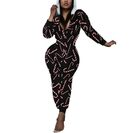 

Women Christmas Long Sleeve Jumpsuit Cartoon Print Zipper One-piece Pajamas