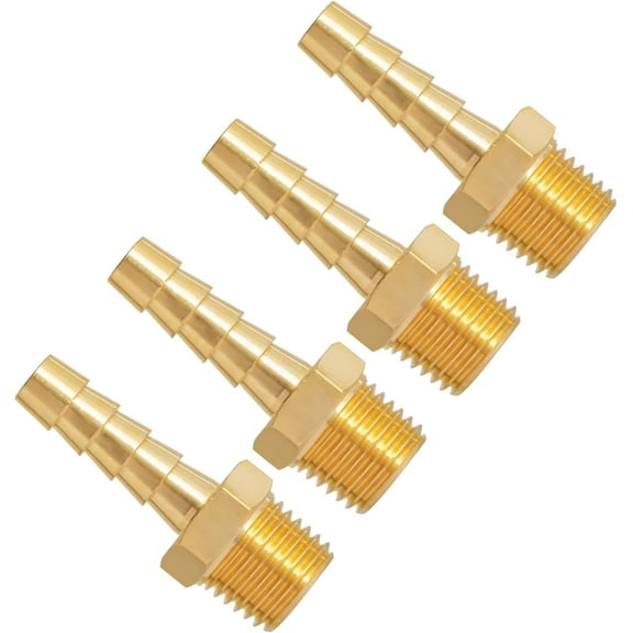 1/4 Inch Hose Barb Fittings, Brass Air Hose Fittings, 1/4'' Male NPT Pipe Thread to 1/4 Inch Barb End Pipe Adapter, 1/4'' Brass Air Line Repair Kit for Compressor, 4 Pack