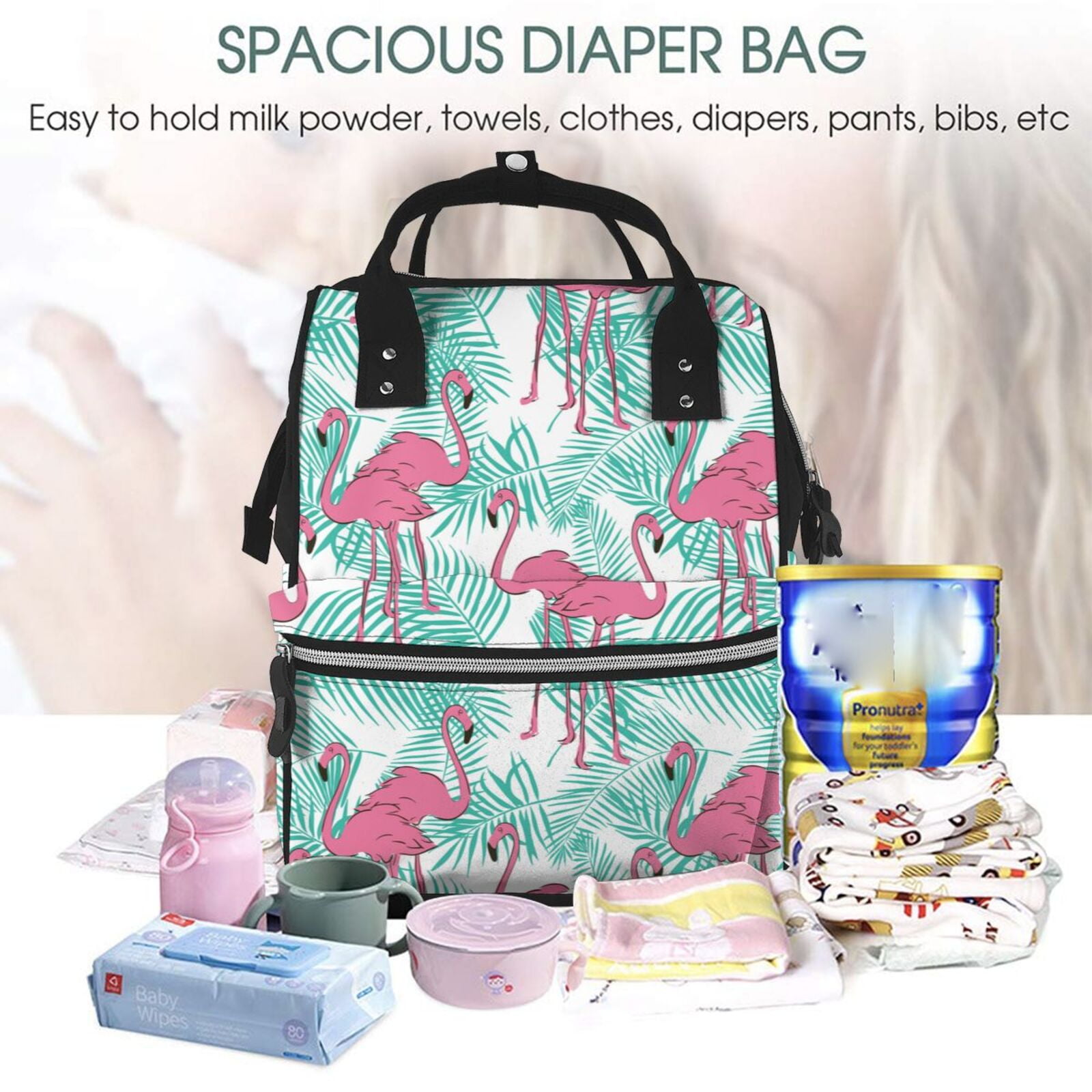 Ratiio Flamingo Mummy Backpack - Waterproof Twill Canvas, Large Capacity Diaper Bag with Multiple Pockets and Adjustable Straps