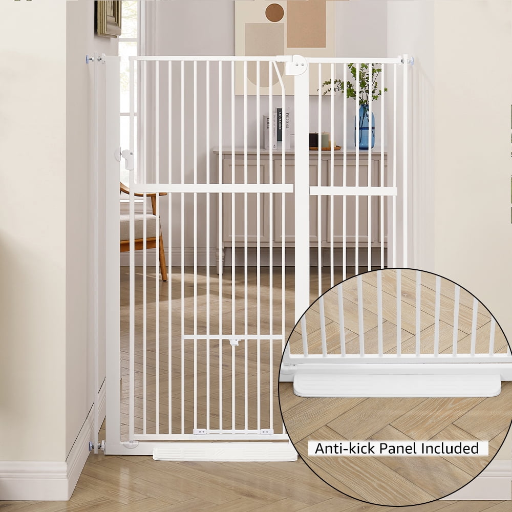 Unipaws 56" Tall Baby Gate with Cat Door, 31-37" Wide Pressure Mounted Dog Gate for Stair Doorway, Walk Through Pet Gate, White