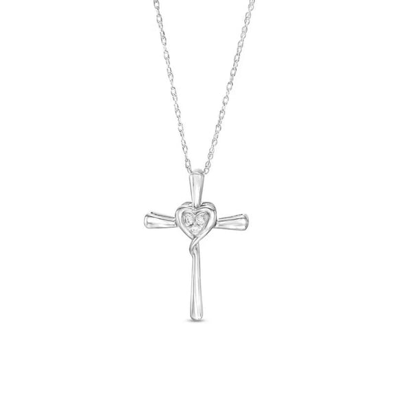 0.10 Ct Beautiful Round Cut Real Diamond Religious Heart Cross Pendant Necklace for Women Solid 14K White Gold With 18 inches chain