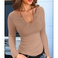 thumbnail image 4 of Womens Fall Clothes Long Sleeve Shirts Halter U Neck Ribbed Knit Slim Fitted Basic Casual Tops Khaki XL, 4 of 9