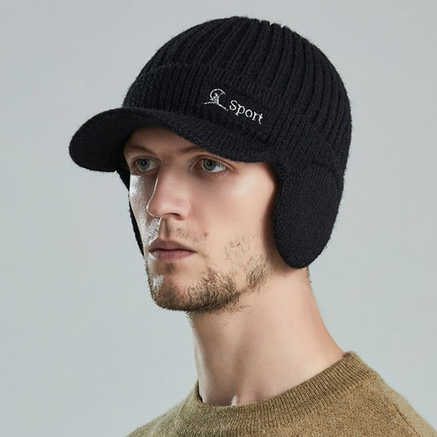 Winter Beanie w/Visor & Earflaps for Men Outdoor Winter Knitted