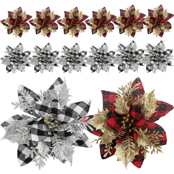 12pcs Christmas Flowers Artificial Xmas Tree Flowers Decorative Flowers Ornament