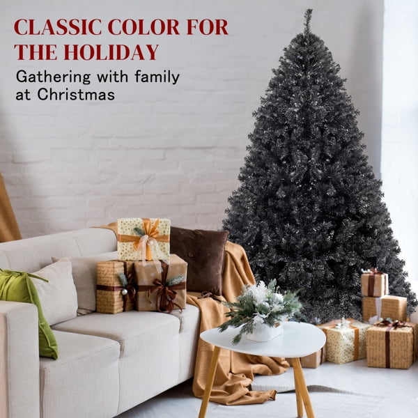 6 FT Black Artificial Christmas Tree - 1050 PVC Branch Tips, Flame-Retardant Material, Sturdy Iron Base, 3-Step Easy Assembly