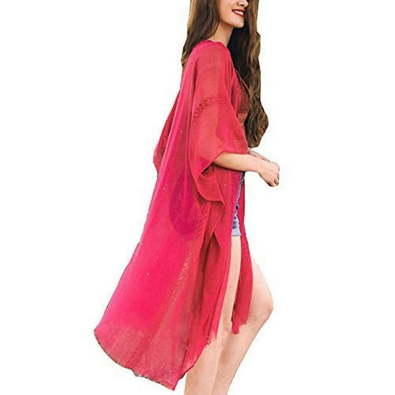 Womens lightweight speckled sequin kimono cardigan (Raspberry)