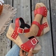thumbnail image 4 of Sandales Compensées à Semelle en Liège pour Femmes, Mode, Cloutées, Confortables, à Bout Ouvert, Plateforme, Chaussures Habillées avec Boucle à la Cheville, Rouge, Taille 9,5, 4 of 7