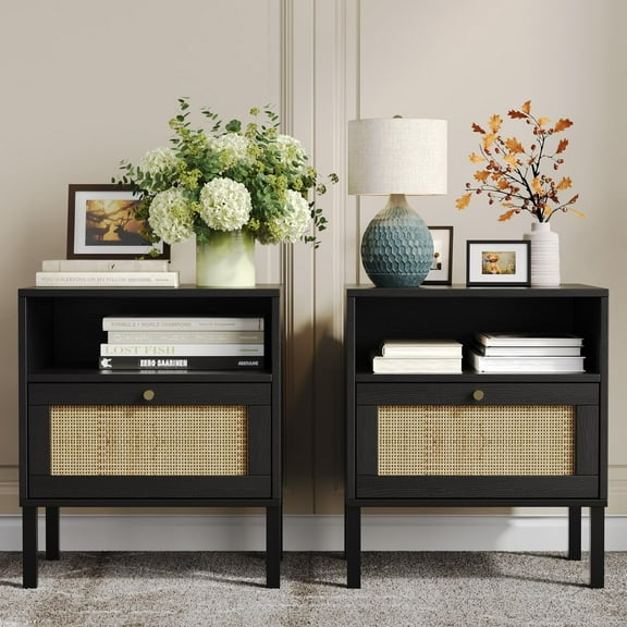 HoopieHome Modern Nightstand, Black 2-Door Rattan Storage Cabinet, Metal Legs, Set of 2