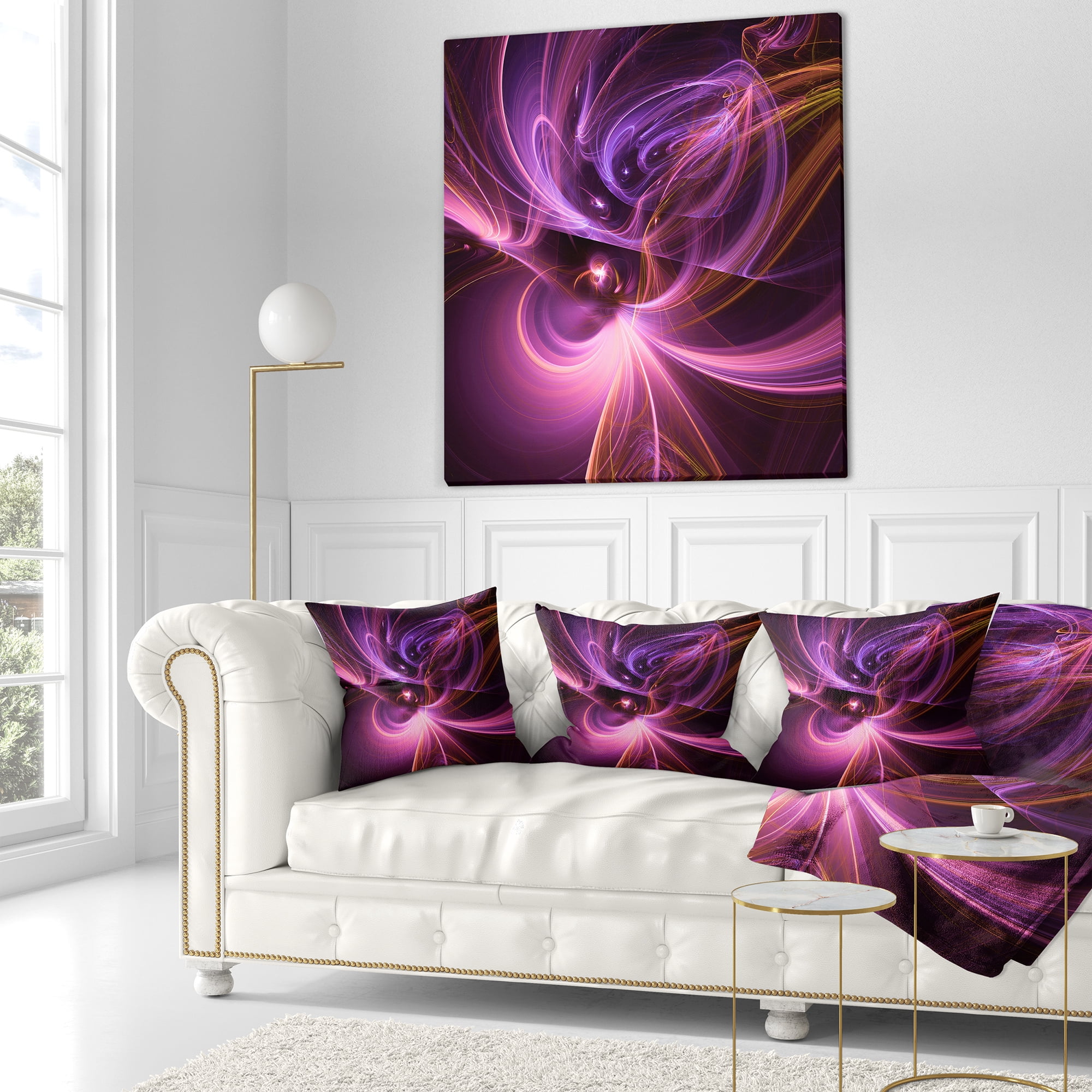 Designart Purple Fractal Light Art in Dark - Abstract Throw Pillow - 18x18