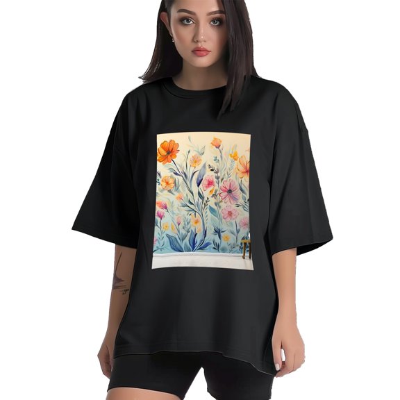 Plus Size Shirt for Women Black Tops for Women Short Sleeves Shirt for Women Flowers1 T Shirt Crewneck Shirt for Women XS