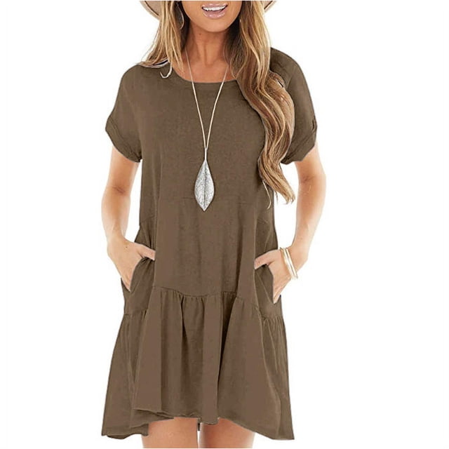 Robe d'Été à Col Rond avec Poches et Manches Courtes pour Femmes Robe Ample Mi-Longue à Volants