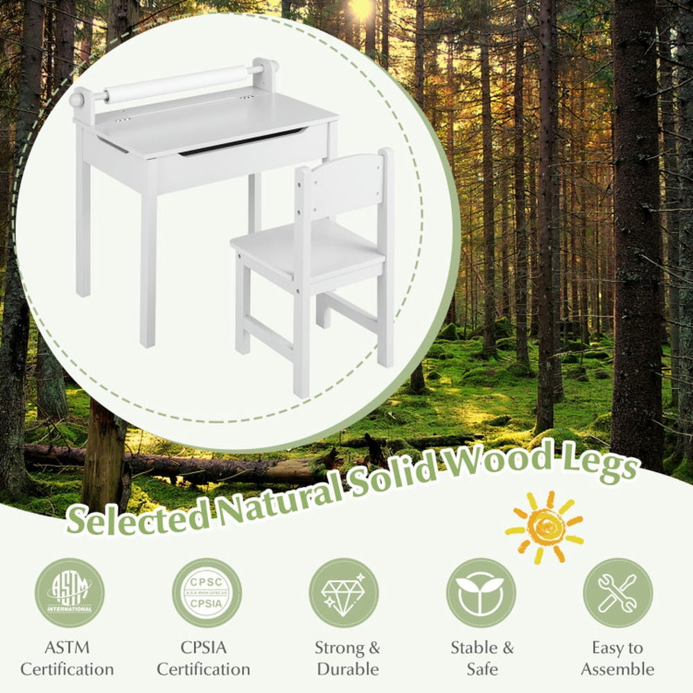 Resenkos Wooden Kids Table and Chair Set with Storage and Paper Roll Holder-White, Small Folding Table for Arts & Crafts, Snack Time, Homeschooling, Homework