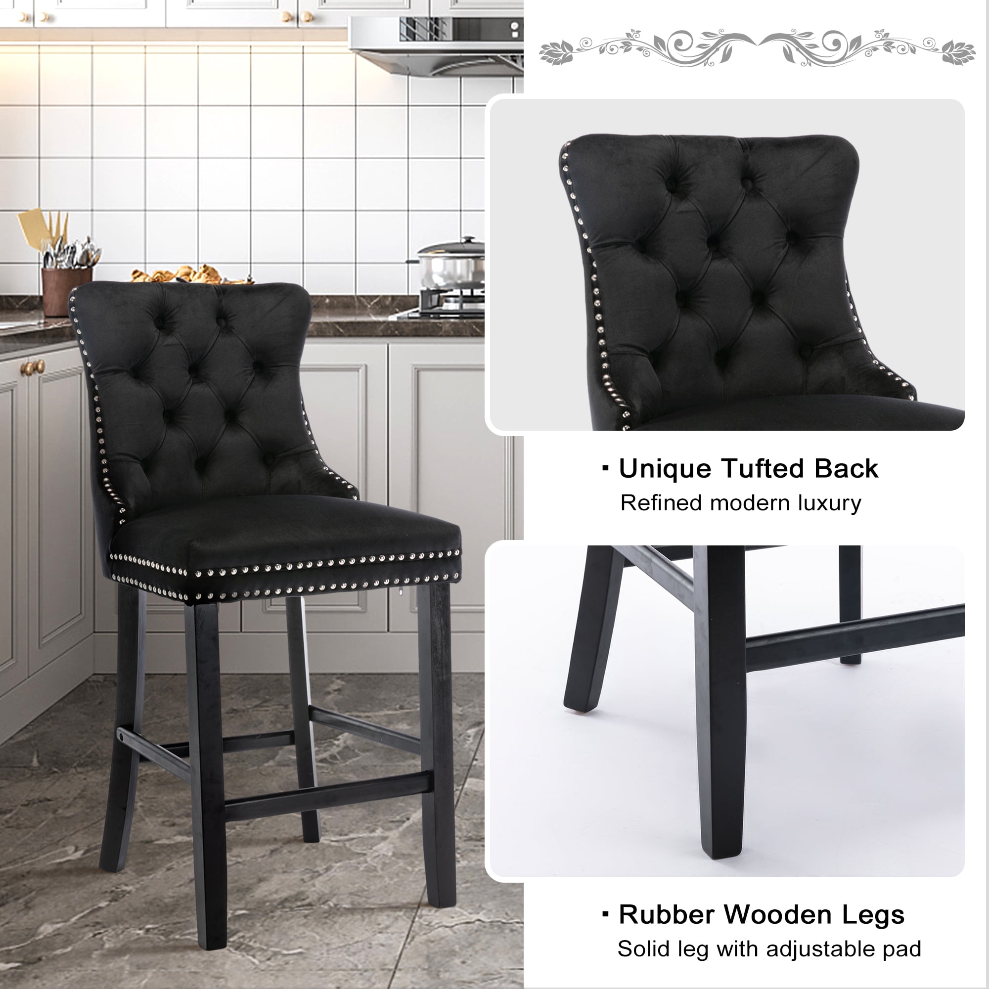 DONICK Velvet Counter Height Bar Stools Set of 2,Button Tufted Back Bar Chair Nailhead Back Pull Tab Wooden Leg(Black)