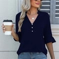 thumbnail image 2 of 3/4 Length Sleeve Womens Tops Solid Color V Neck Spring Shirts Ladies Top Summer Shirt Casual Blouse Navy S, 2 of 5