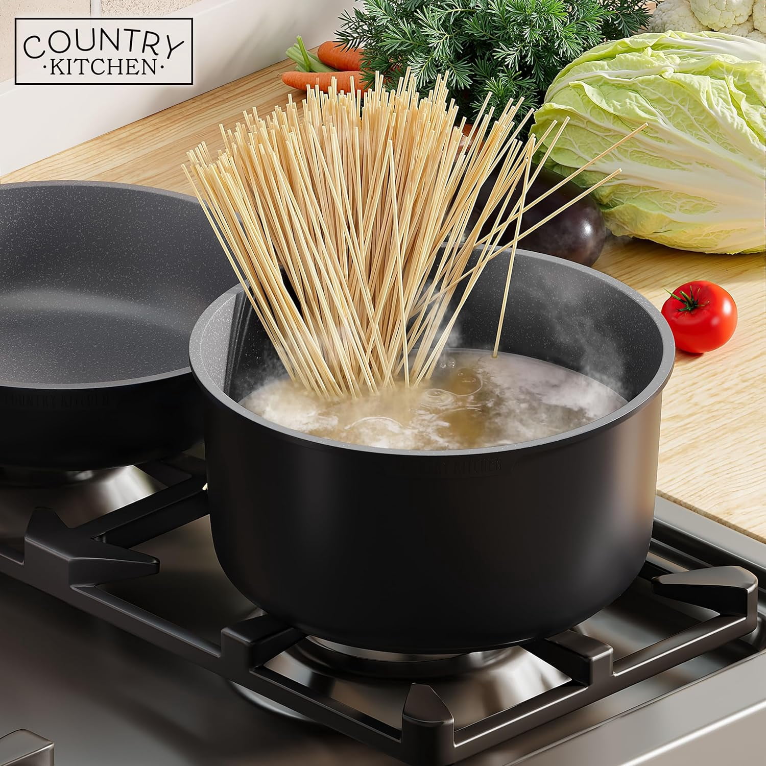 Country Kitchen Pots and Pans Cookware Set, 16-Piece, Ceramic Coated, Removable Handle, Black/Grey