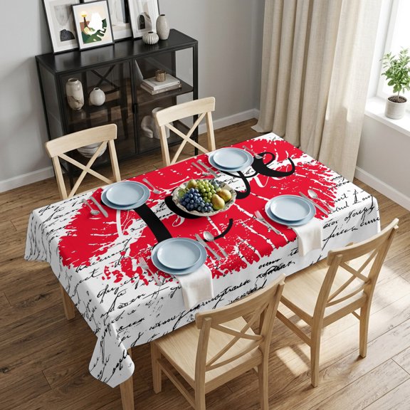 Red Love Lipprint Rectangle Tablecloth 60x84 Inch Lip White Text Waterproof Polyester Table Cover, Washable Stain Resistant Tablecloth for Dining Table Kitchen Wedding