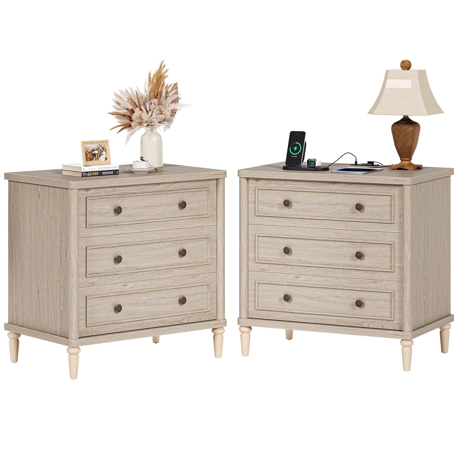 Bestier Farmhouse Nightstand Set of 2 with Charging Station, Oak