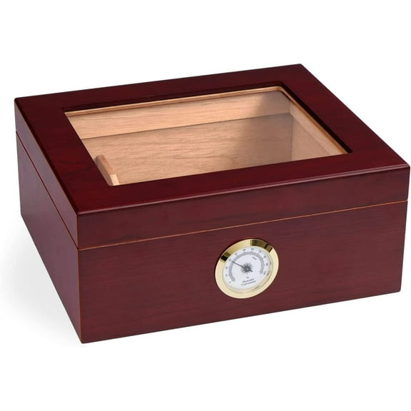 Jansfuren Cigar Humidor, Glass Top Handcrafted Cedar Humidor, Desktop Humidifier Storage Box with Hygrometer for 25-50 Cigars, Handcrafted Rosewood Finish, Gift for Men
