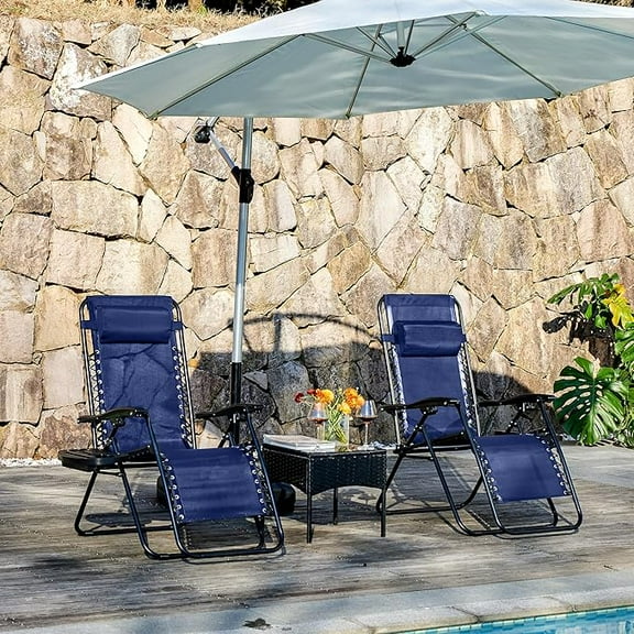 Outdoor Zero Gravity Lounge Chairs, Set of 2, Folding, with Cup Holders and Backrest for Patio,Blue