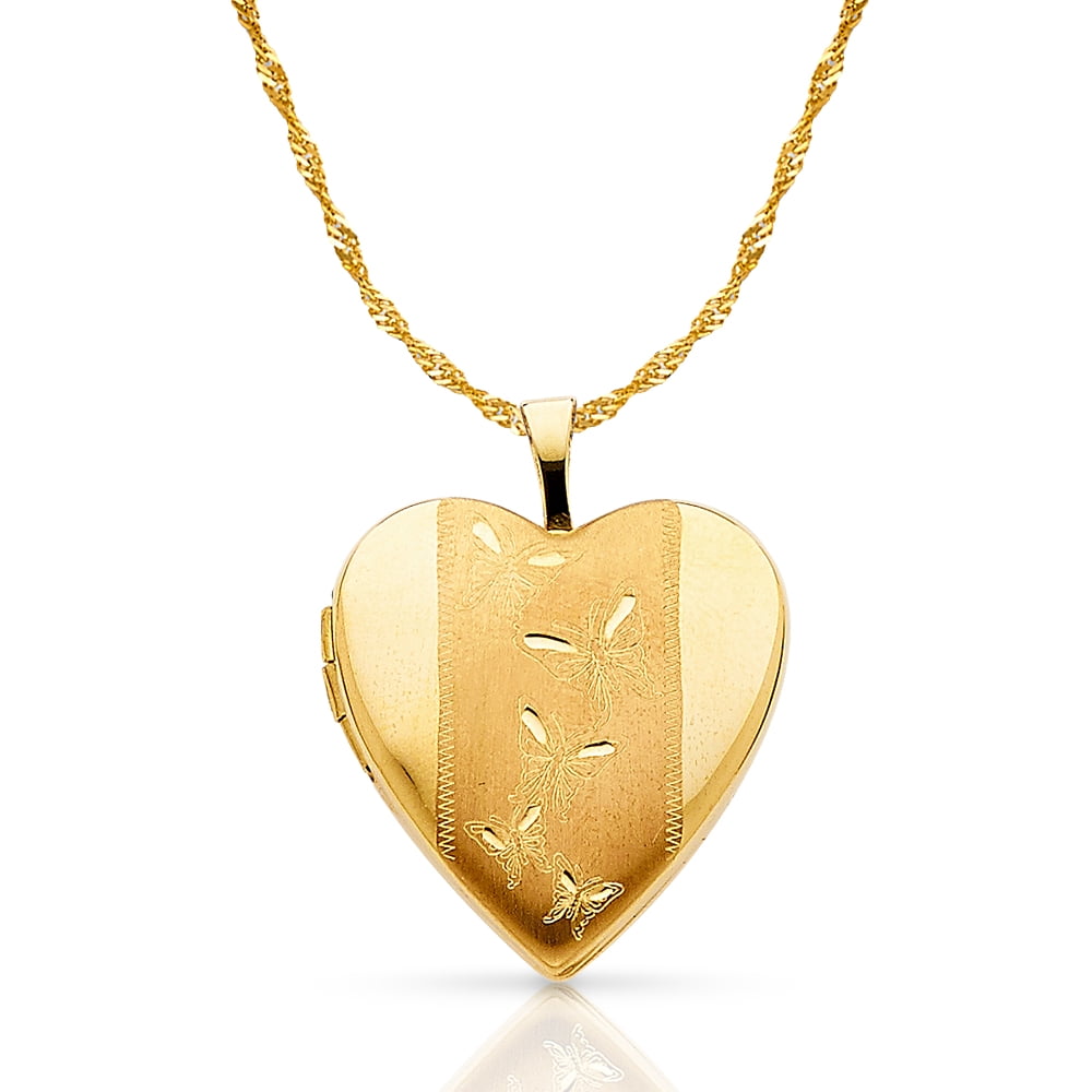 14K Yellow Gold Engraved Heart With Butterfly Locket Charm Pendant