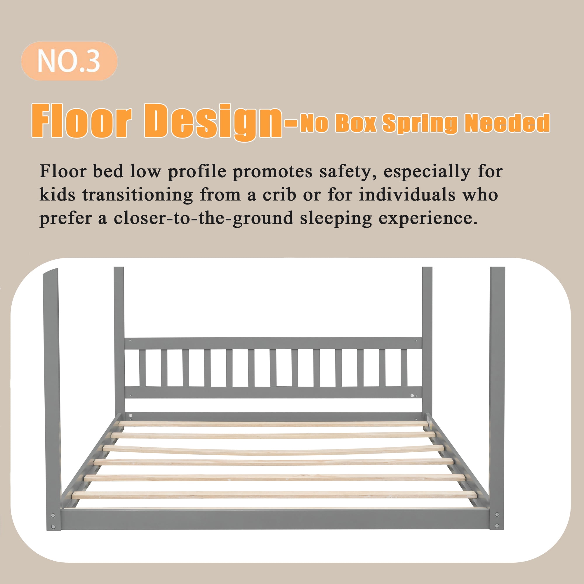Bellemave Queen Size House Bed,Wood Montessori Floor Beds with Headboard for Toddler/Kids/Boys/Girls, No Box Spring Needed (Gray)