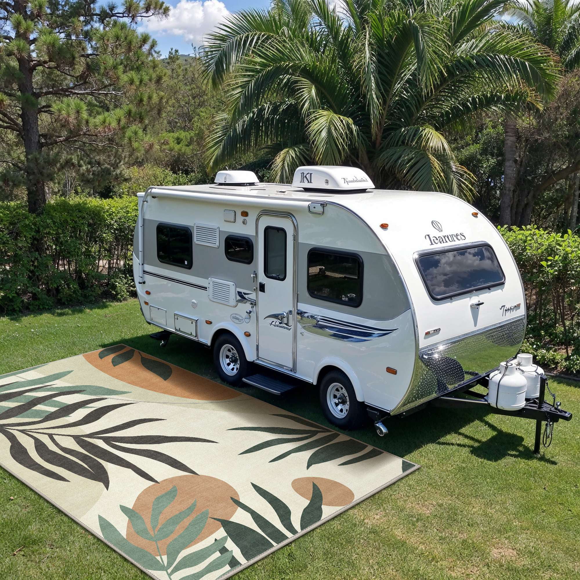 DEORAB Outdoor Rug 5'X8' Chenille Patio Carpet Three-Layer Material Imitation Silicone Spot Molding Camping Outside RV Mat,Beige&Green