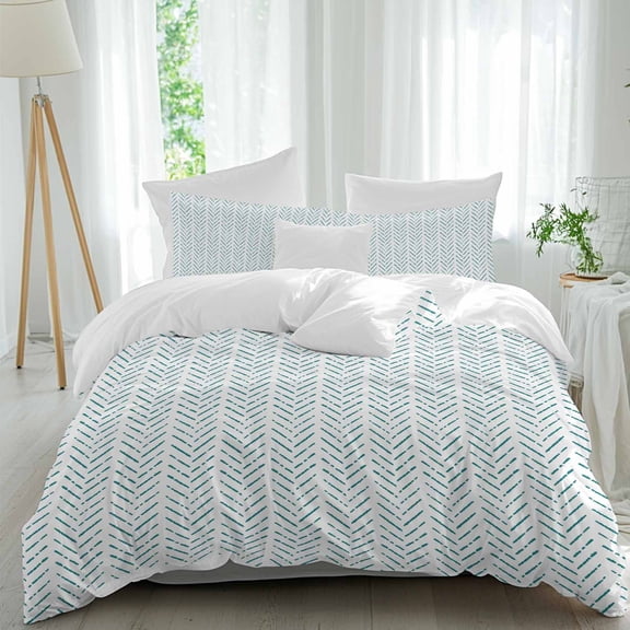3 Piece Teal Striped Duvet Cover Set Queen Size, Microfiber Comforter/Quilt Cover with Corner Ties and 2 Pillowcases, Modern Abstract Art Geometric All Season Soft Bedding with Zipper Closure