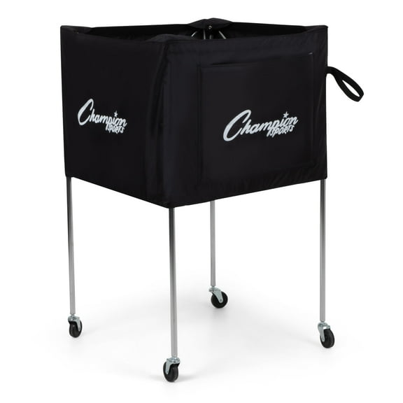 Champion Sports Folding Volleyball Cart with Wheels, Holds up to 30 Balls, Rolling, Portable Ball Carts with Reinforced Canvas, Non-Marring Swivel Casters, Premium Volleyball Storage Equipment, Black
