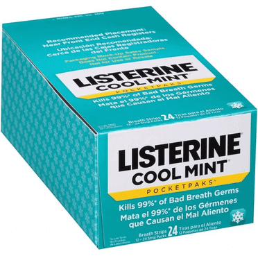 Listerine Cool Mint PocketPaks Portable Breath Strips for Bad Breath, Fresh Breath Strips Dissolve Instantly to Kill 99% of Bad Breath Germs On-The-Go, Cool Mint, 24-Strip Pack