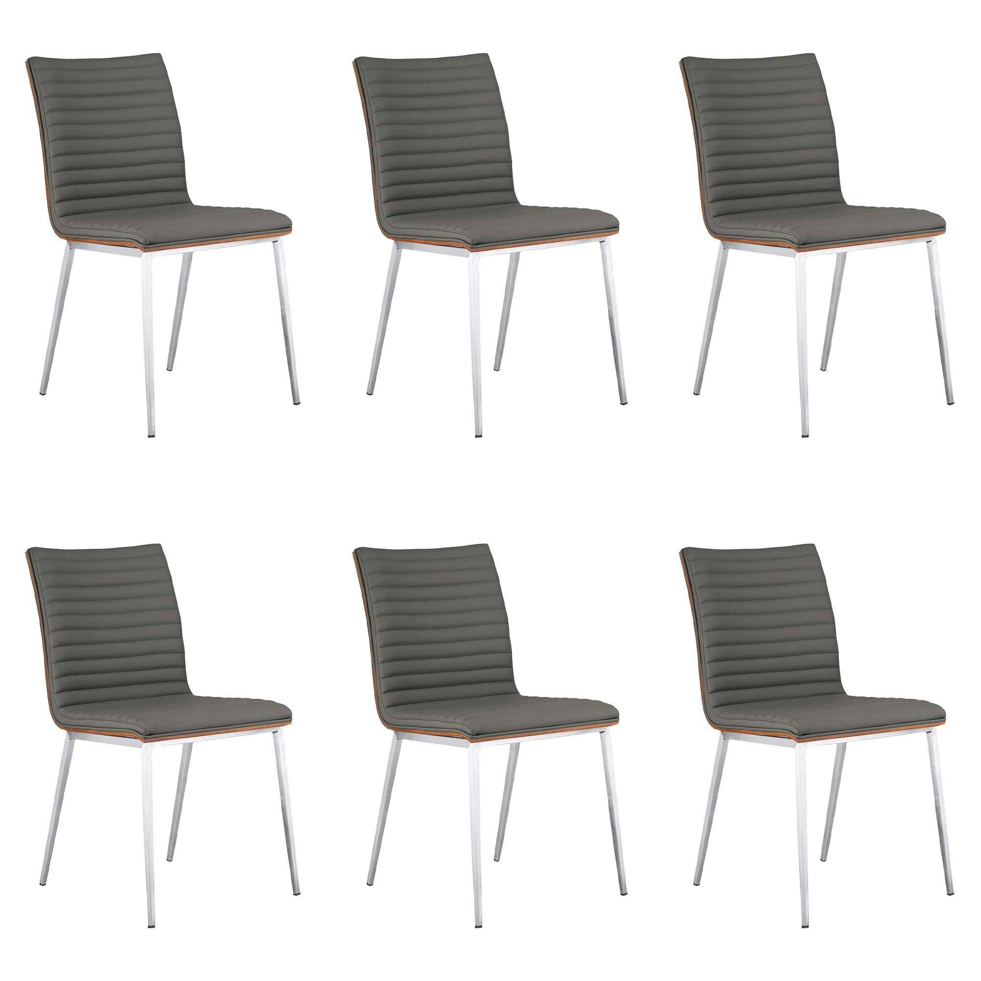 Café Brushed Stainless Steel Dining Chair in Gray Faux Leather with Walnut Back - Set of 6