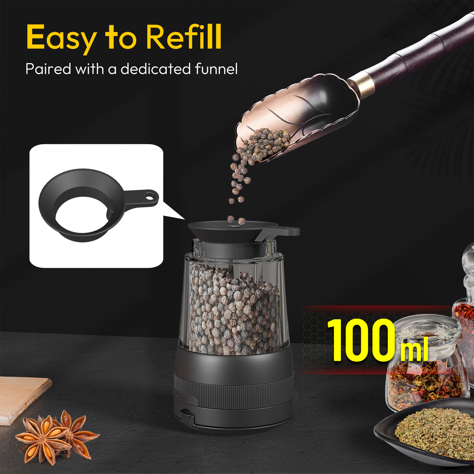 ABS 2 Piece Set Electric Pepper Grinder with Rechargeable Automatic and USB Charging Base