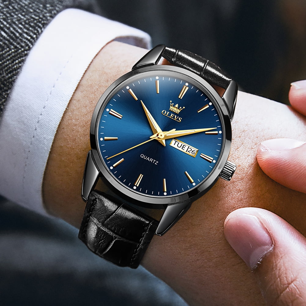 OLEVS Mens Watches,Black Leather Watch for Men,Analog Quartz Fashion Business Dress Watch Luminous Waterproof Casual Male Wrist Watches Reloj para Hombre Blue Dial