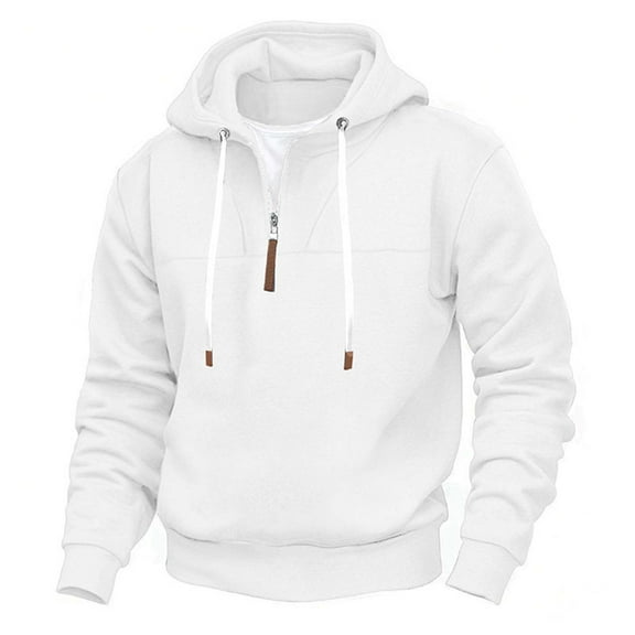 Wuxian Men Winter Sweatshirt Heavyweight Lined Quarter Zipper Hooded Pullovers Solid Color Long Sleeve Oversized Coats Daily Wear,White,L