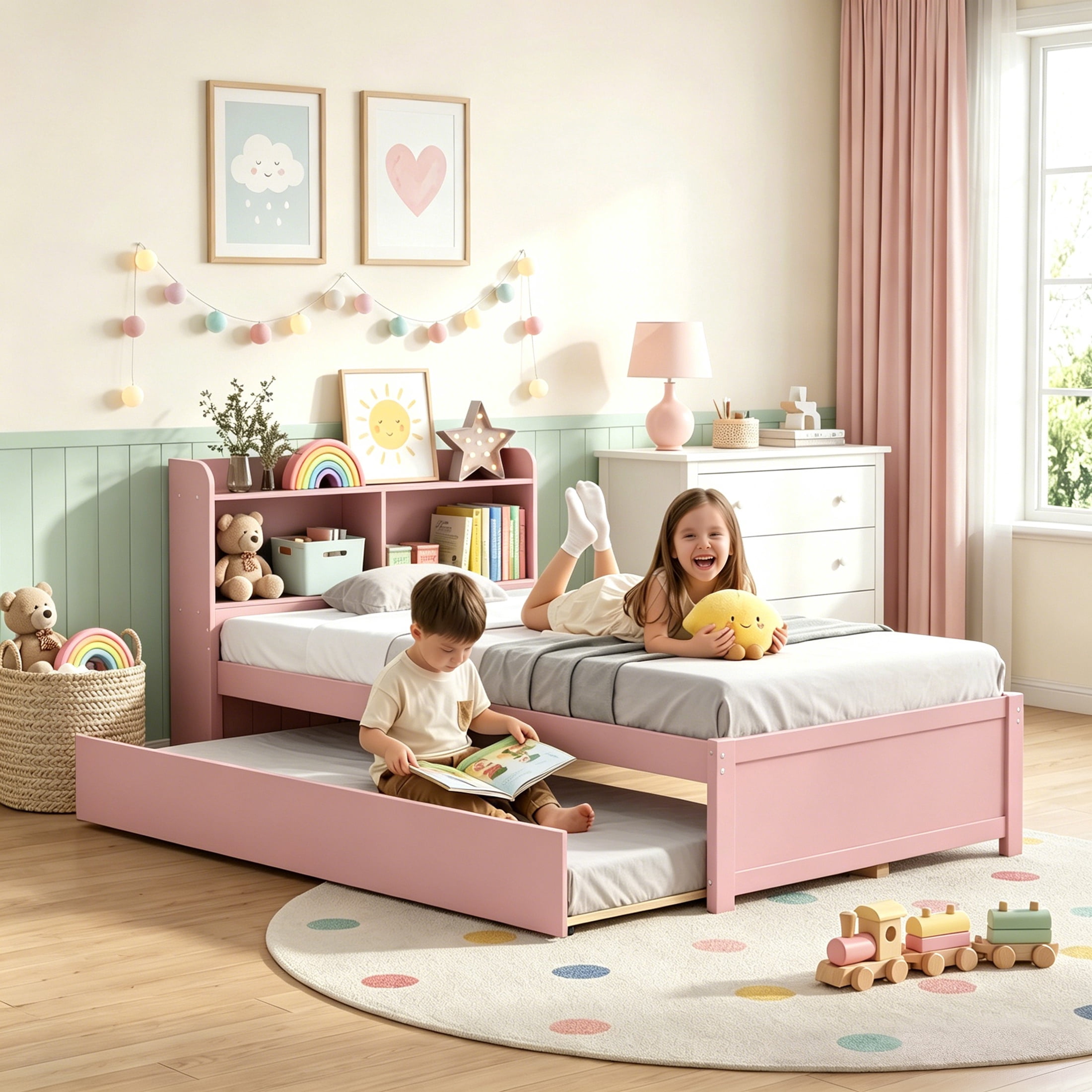UHOMEPRO Twin Trundle Bed with Storage Headboard, Pink Trundle Bed Frame for Kids Girls Boys, Twin Bed with Trundle, No Box Spring Needed