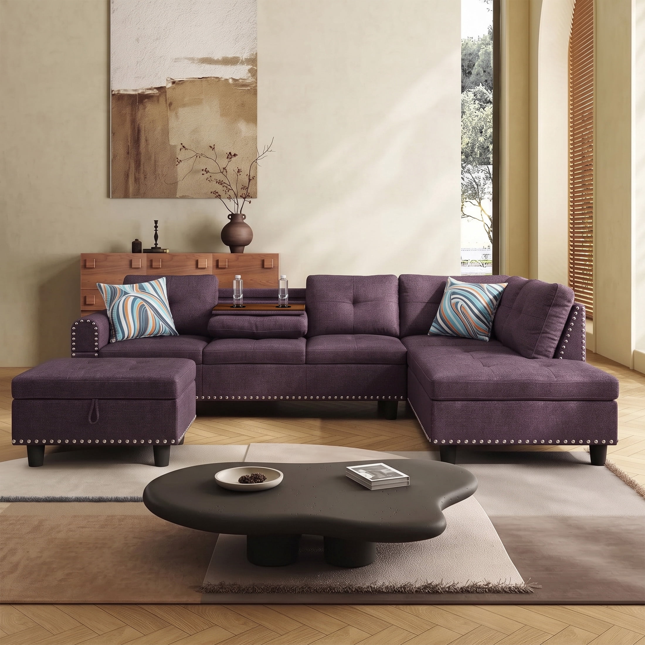 AENKYO 98" L-Shaped Sectional Sofa with Reversible Chaise, Storage Ottoman & Cup Holders, Linen, Purple