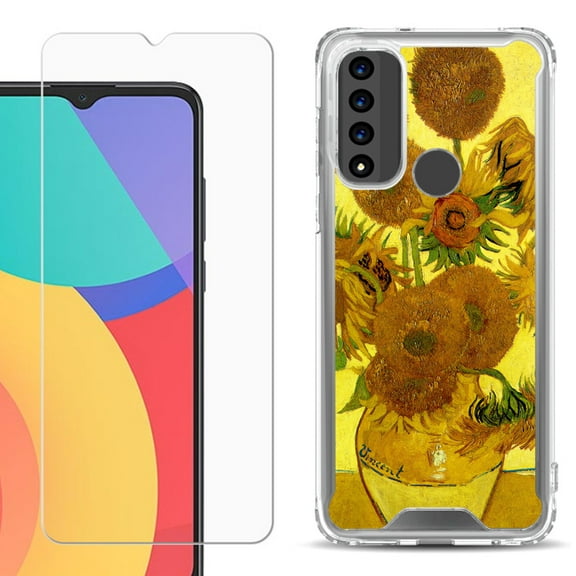 Shockproof Bumper Phone Case for TCL 20 XE, with Tempered Glass Screen Protector, by OneToughShield ® - Sunflower