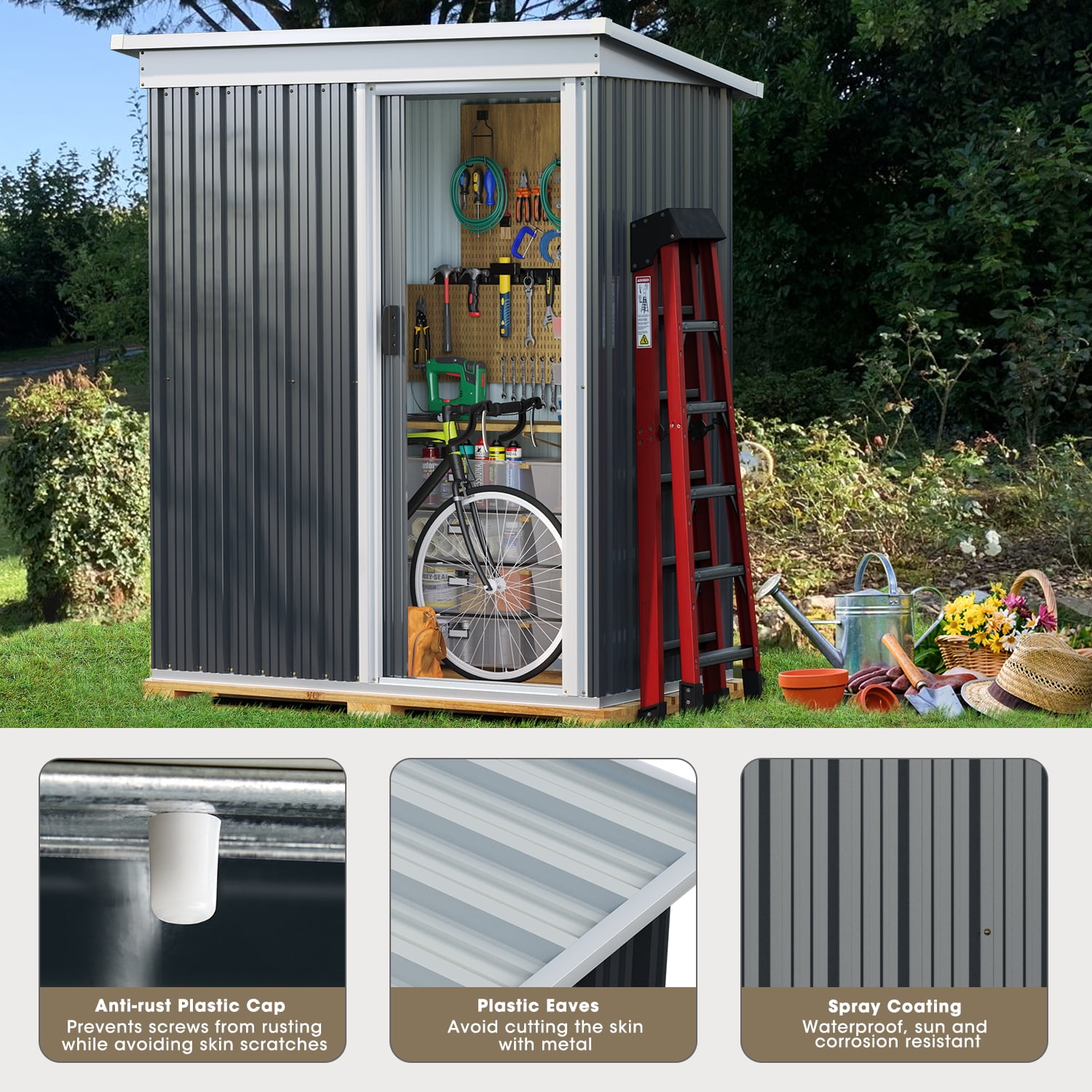 Sunmthink 5x3 ft Outdoor Metal Storage Shed with a Movable Door, Metallic Grey