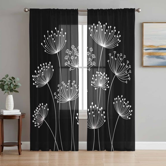 Sheer Curtains 84 Inches Long 2 Panels Set for Living Room, Spring Dandelion Semi Sheer Curtains for Windows, Modern Country Flower Black White Voile Window Treatments Rod Pocket Curtain