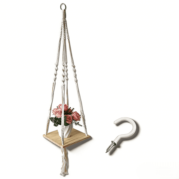 Macrame Plant Hanger with Wood Base & Hook, Handmade Hanging Plant Holder Shelf, Woven Rope Hanging Planter Shelf for Indoor Outdoor Wall Ceiling Window Flower Pot