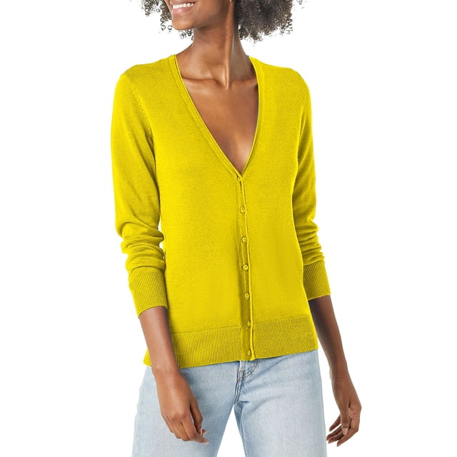 Baberdicy Sweaters for Women Ladies' Solid Tone Buttoned Mercerized Cotton Loose Sweater with Cardigan Jacket Womens Sweaters Yellow