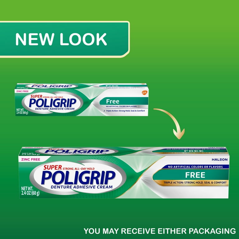 Poligrip Free Denture Adhesive Cream, Strong All-Day Hold, Food