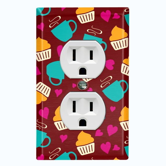 Metal Light Switch Wall Plate Outlet Cover (Coffee Espresso Mocha Cup Heart Cupcake Pattern Maroon - Single Duplex)