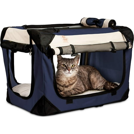 UPC: 0685757554060 | LG Navy – PetLuv  Happy Cat Premium Cat Carrier Soft Sided Foldable Top & Side Loading Pet Crate & Carrier Locking Zippers Shoulder Straps Seat Belt Lock Plush Pillow Reduces Anxiety