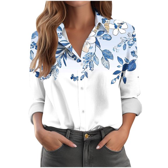 Plus Size Womens Shirts Graphic Printed Button Down Lapel Collared Tops Long Sleeve Loose Casual Dressy Blouses (XL, Light Blue)