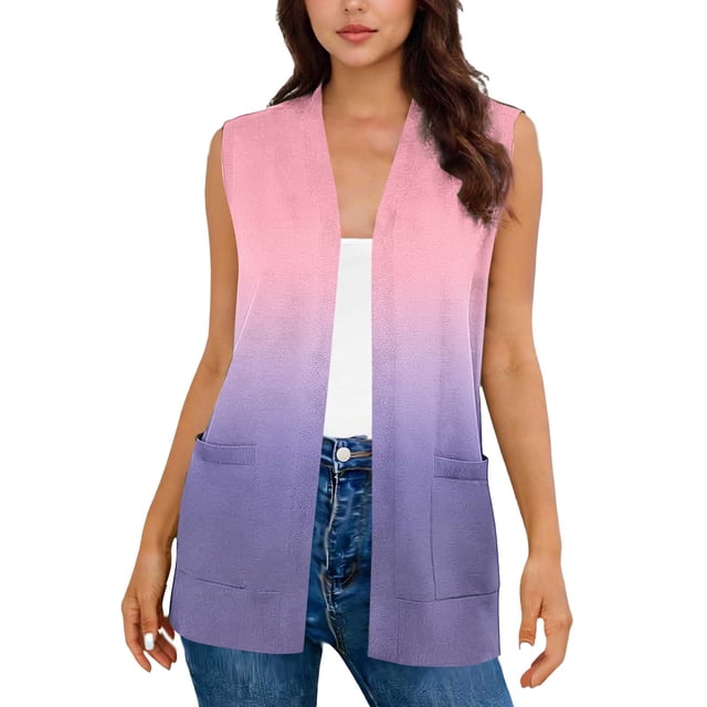 SZJXBUY Womens Cardigan Wrap Plus Size Color Block Open Front Casual Sleeveless Cardigans Summer Dressy Gradient Loose Lightweight Vests with Pockets Pink,XXL