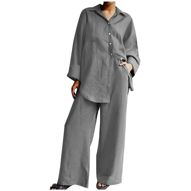Njoeus Cotton Linen Pajama Women Sets 2 Piece Outfits Long Sleeve