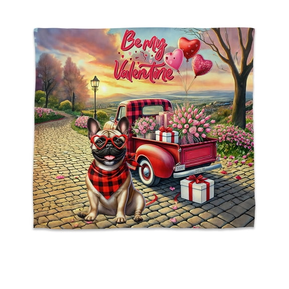 Be My Valentine's French Bulldog Truck Full of Love Flower Balloon Tapestry Dog Lover Gifts Wall Hanging Backdrop Home Decor - 02029