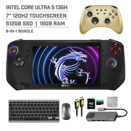 MSI Claw A1M 512GB Gaming Handheld 7-inch Touchscreen 120Hz FHD 1080p Intel Core Ultra 5 135H Processor, Mytrix Gold Wireless Pro Controller, Hub, 128GB MicroSD, Keyboard & Mouse, 8 in 1 Bundle